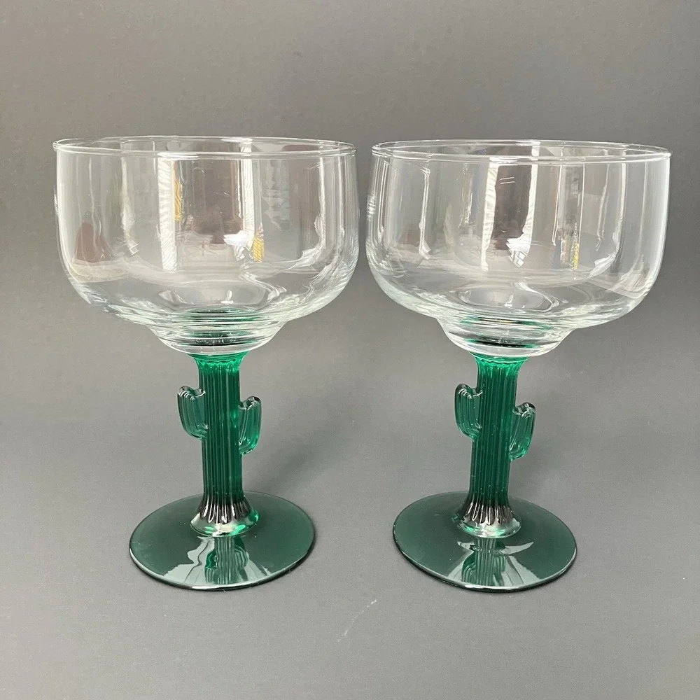 Libbey Green Cactus Saguaro Stem Margarita Glasses 16oz Set of 2 Southwest